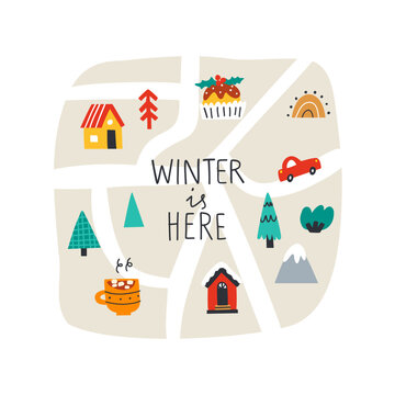 Cute Map With Christmas Trinkets, Trees, Houses. Winter Is Here Christmas Holidays. Vector Illustration.