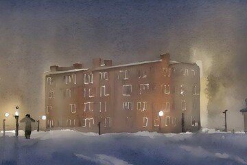 The watercolor apartment buildings are standing in the winter nighttime. The moon is Full and bright, shining down on the snow-covered landscape. The streets are empty and quiet, except for a few pape