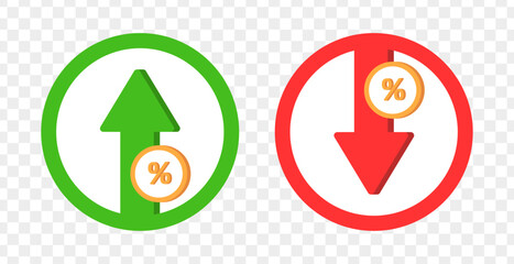 Arrow icons with percentage. Growth and falling percent. Arrows up and down. Increasing or decreasing profits. Vector illustration