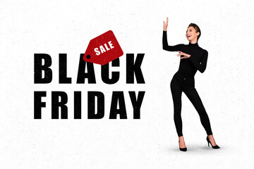 Composite collage picture of excited funky girl dancing black friday sale big text isolated on...