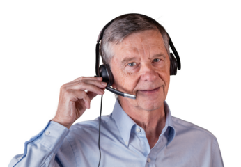 Senior man using headset to communicate with team or customers