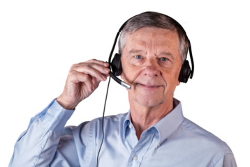 Senior man using headset to communicate with team or customers