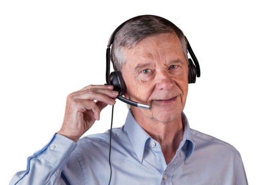 Senior man using headset to communicate with team or customers