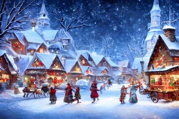 I am looking at a winter christmas village. The houses are covered in snow and there is a church with a bell tower. There are people walking around in the streets and some horses pulling carts.