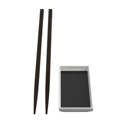 3d rendering illustration of sushi chopsticks and soy sauce