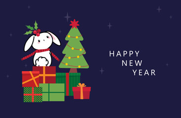 Naklejka premium Rabbit with holiday symbols, gifts boxes, Christmas tree. Holiday design for 2023. Happy New Year. Merry Christmas. Celebration.