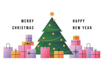 Fototapeta premium Merry Christmas with colorful gift boxes and Christmas tree. New Year symbol. Winter holiday design. Vector illustration.