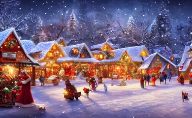 The sparkling lights of the winter christmas village are a beautiful sight. Every house is decorated with colorful lights and there's even a big christmas tree in the middle of the village. The snow o