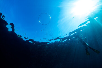 Low angle of silhouette of anonymous shirtless male diver in flippers swimming in sea near underwater air bubble ring against bright blue sky on sunny day