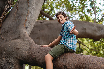 Caucasian young boy smiling thumb up sitting on the branch of a tree - kid climbing outdoors