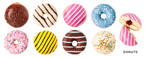 Different donuts set. PNG with transparent background. Flat lay. Without shadow.