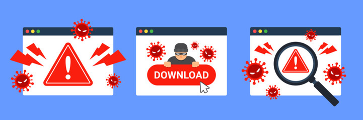 Collection of internet threat icons. Web browser windows with virus detection. Cyber security or antivirus concept. Malware, scam, cybercrime, and hacker. Dangerous website. Flat vector illustration. 