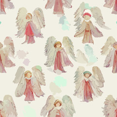 Seamless pattern christmas angels, aquarelle angels endless pattern. Winter holidays
