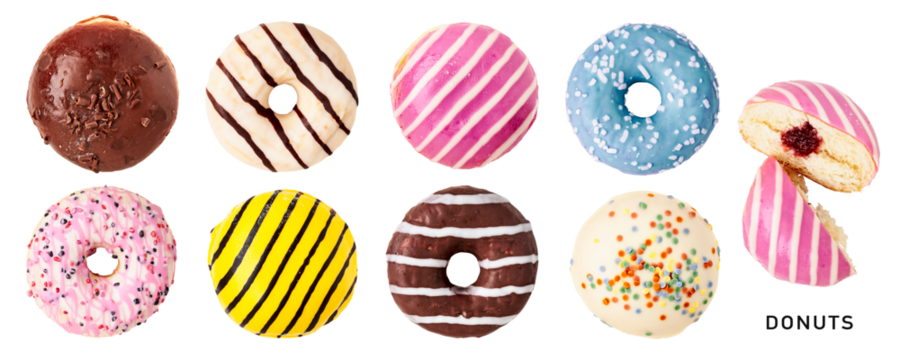 Different donuts set. PNG with transparent background. Flat lay. Without shadow.