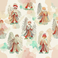 Seamless christmas angel decoration,aquarelle xmas flying angels endless pattern. Winter holidays