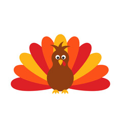 Cute Thanksgiving turkey isolated on white. Seasonal holidays character. Vector template for banner, poster, sticker, shirt, etc