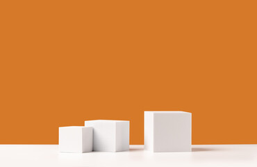 Empty white podium stage made with white cubes on orange backdrop. Mockup scene for product presentation. Studio photography. Product showcase or display.