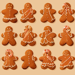 Fototapeta premium Seamless pattern christmas cookies, watercolor gingerbread cookie endless pattern. Winter holidays