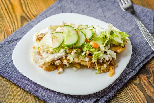 fries baked with meat, cheese and vegetables