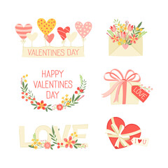 Fototapeta na wymiar Valentine's Day with Love Heart, Gift Box and Envelope with Blooming Flowers Vector Set