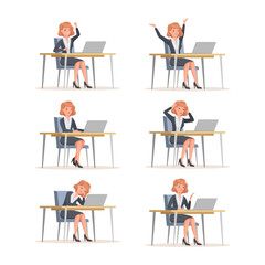 Young Office Woman Sitting at Desk with Laptop Engaged in Workflow Vector Set