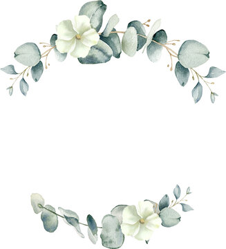 Eucalyptus leaves wreath. Watercolor illustration isolated on transparent background. Greenery floral frame for wedding invitation, greeting cards, save the date. Hand drawn green herbs