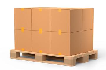 Set of wooden pallet for warehouse cargo storage with cardboard boxes on white