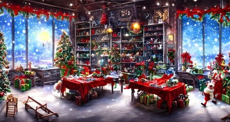 The holiday season is in full swing at the Christmas toy factory. elves are busy putting together toys that will be sent all over the world. Santa Claus is making his list and checking it twice to mak - obrazy, fototapety, plakaty