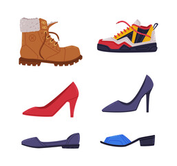 Shoes, Boots and Sneakers of Different Type as Casual Man and Woman Footwear Vector Set