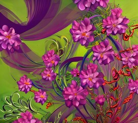 The blooming flowers illustration is a beautiful display of nature's color and grace. The vibrant petals are in full bloom, surrounded by soft greens and blues. It's a tranquil scene that fills the vi