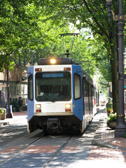 Urban mass transit light rail train on a tree lined street in an city environment