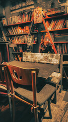 Cafe interior with  empty chairs, table and modern and vintage decoration