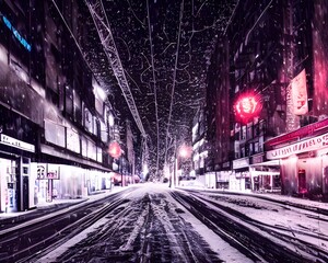 The city street is cold and empty. The only sound is the crunch of snow underfoot. A few lights shine in the windows of the buildings, but most are dark. It's early evening, but already the sky is bla