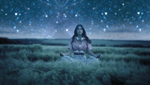 Woman in lotus position over shine ornate mandala. Starry sky with hills at summer. Beautiful girl having a yoga meditation session in the field during a starry night - healthy lifestyle, zen concept