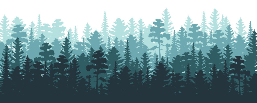 Green woods nature horizontal seamless pattern. Vector conifer trees © 7DesignUA
