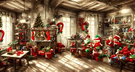 The Christmas toy factory is a flurry of activity. Santa's elves are busy making toys for all the good girls and boys. There are piles of colorful boxes filled with dolls, balls, and bicycles. The air - obrazy, fototapety, plakaty