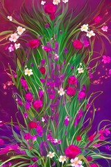 A blooming flowers illustration with colorful petals and green leaves. The center of the flower is yellow, and the stamen are poking out.