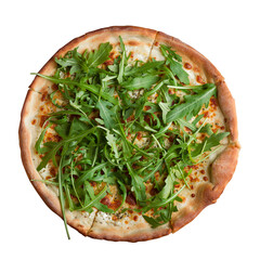 Delicious fresh pizza with cheese and arugula isolated on white background, top view. Pizza...