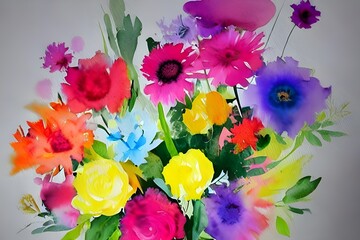 I am looking at a beautiful watercolor flower bouquet. The flowers are delicate and colorful, and they seem to be floating in the air. There is a sense of peace and calmness that comes from this pictu