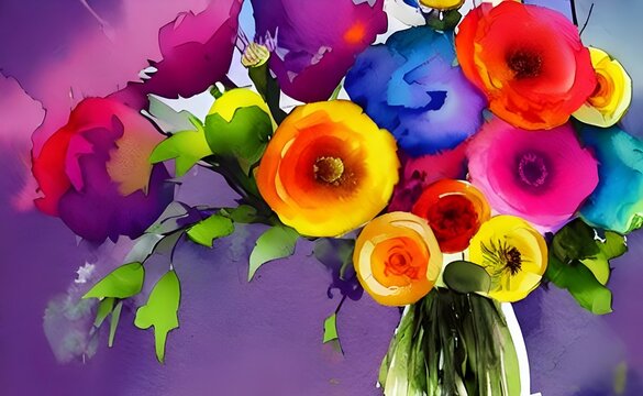 In the picture, there is a watercolor flower bouquet. The colors are very bright and vibrant. The flowers look like they have just been picked from a garden. They are beautiful and fragrant.