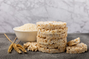 Round rice cakes on marble table. Crispbread.Puffed rice bread. diet crispy round rice cakes.Place for text. Place for copy. Healthy food. dietary product.