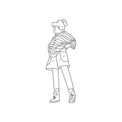 Line flat illustration - a girl stands and looks sideways