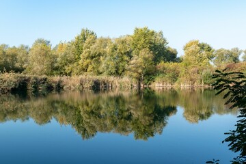 Scenic lake surrounded by vegetation reflecting in the water and a skyline in the background