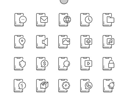 Mobile phone notifications. Alarm clock. Application. Pixel Perfect Vector Thin Line Icons. Simple Minimal Pictogram