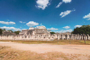 Pyramid and city in ruins in Tulum Mexico.