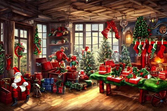 The Christmas toy factory is a magical place where festive cheer and joy are abound. It's always bustling with activity as elves work tirelessly to create beautiful toys for children all over the worl