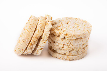 Crispbread.Puffed rice bread isolated on white background. dietary crispy round rice cakes.