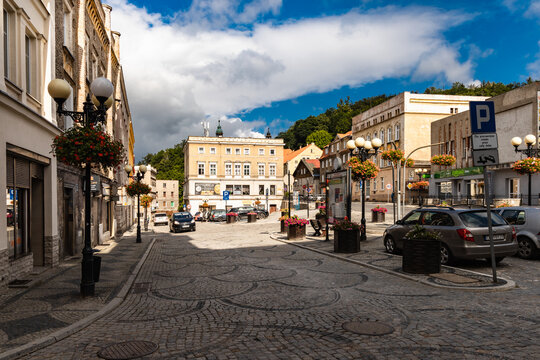 Bougszow-Gorce, Poland - July 7 2020: Streets of small market square in Boguszow-Gorce