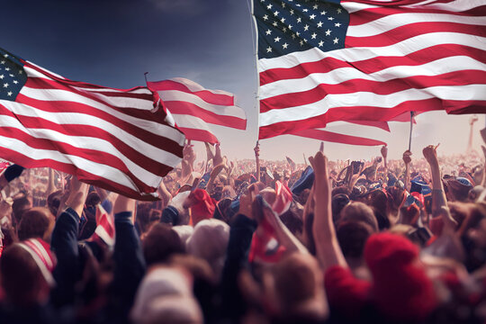 Generic unrecognizable crowds cheering or demonstrating with waving USA flags. Digitally generated rendering and Not based on any actual scene or reference image
