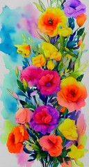 A beautiful, ethereal bouquet of watercolor flowers floats in the air. The blooms are vibrantly colored and seem to be suspended in mid-air. They almost look like they're floating on a cloud.